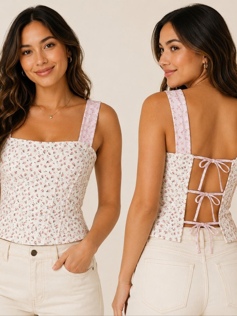 Blogilates Tiny Bows Corset Tank Cream Floral Print Cottagecore Coquette Size S